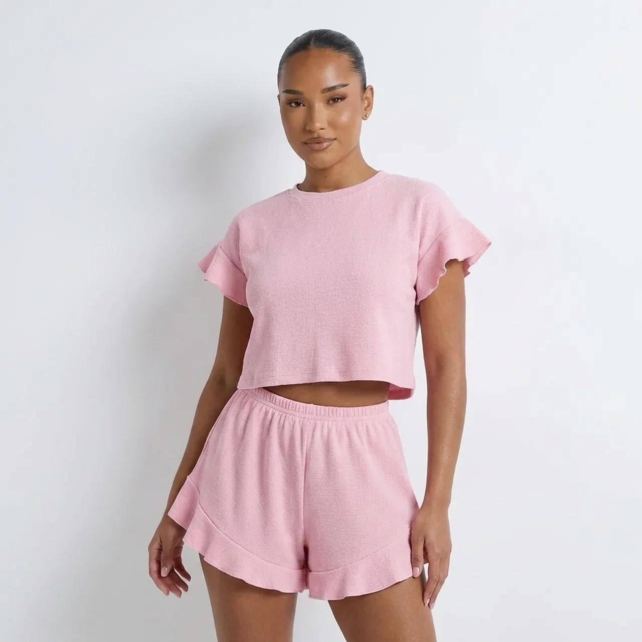 New Arrival Knitted Solid-Colored Casual Lotus-Edge Short-Sleeve Shorts