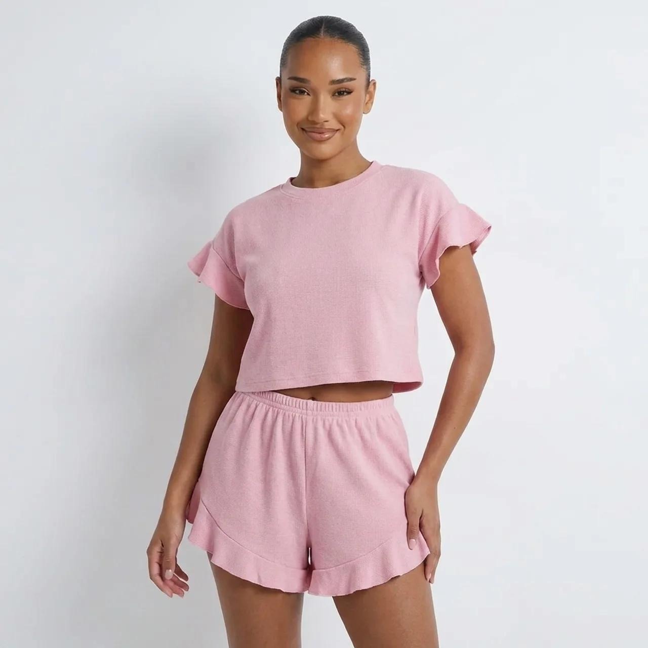 New Arrival Knitted Solid-Colored Casual Lotus-Edge Short-Sleeve Shorts