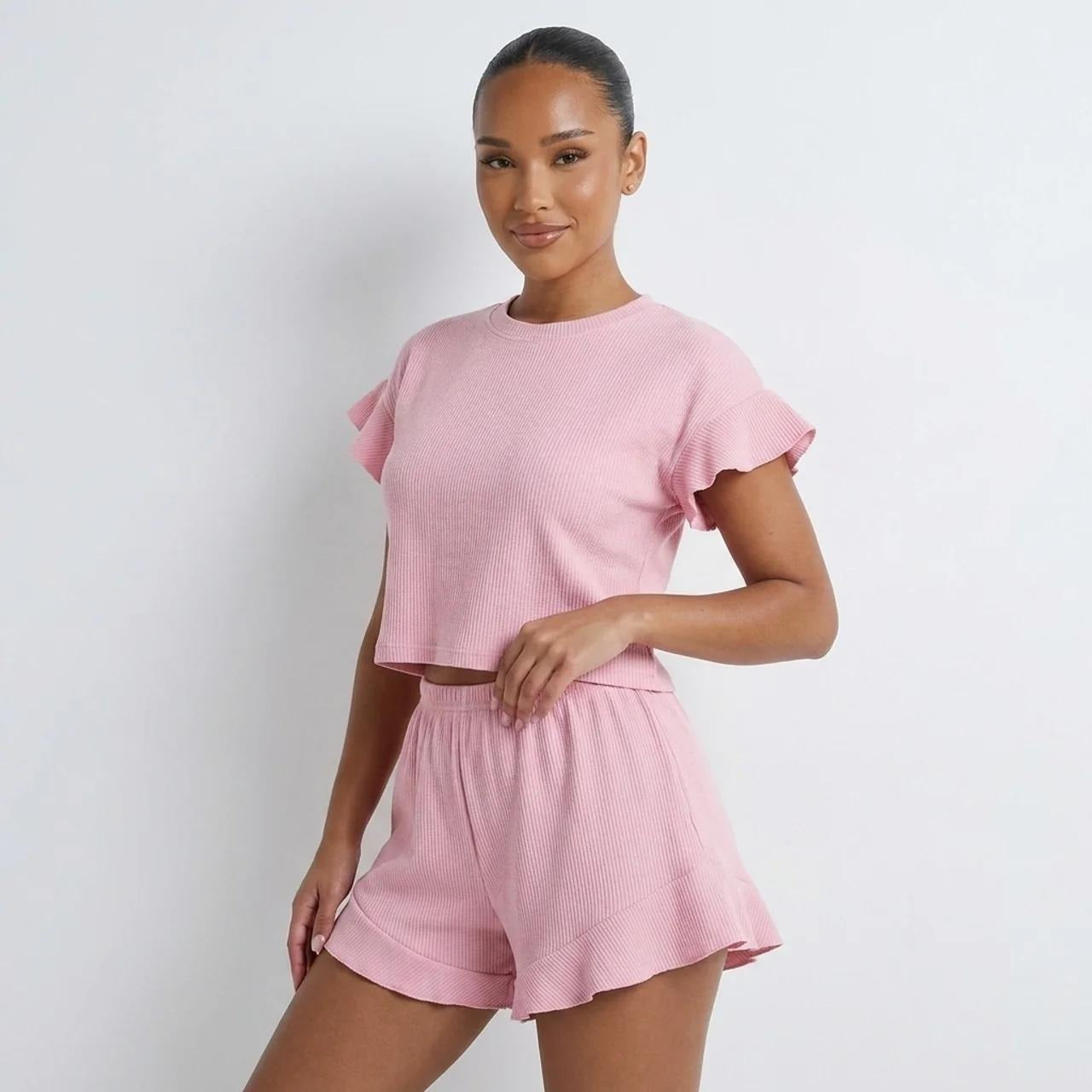 New Arrival Knitted Solid-Colored Casual Lotus-Edge Short-Sleeve Shorts