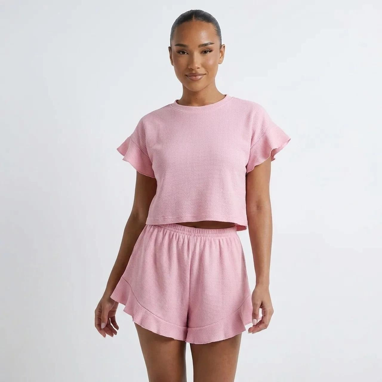 New Arrival Knitted Solid-Colored Casual Lotus-Edge Short-Sleeve Shorts